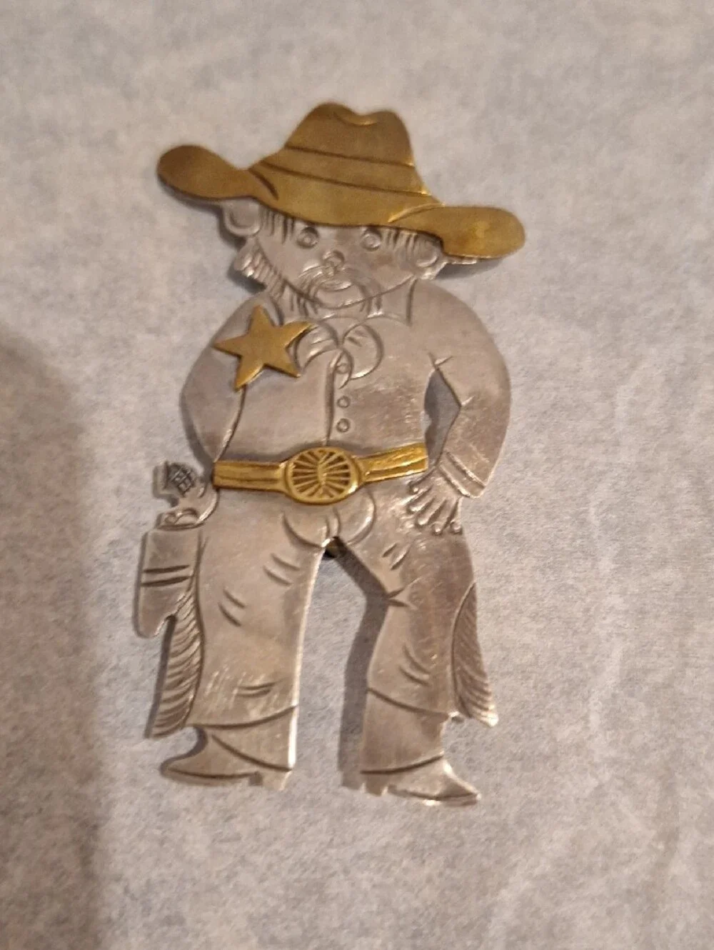 Cowboy Figural Pin Brooch in Two-Tone Metal